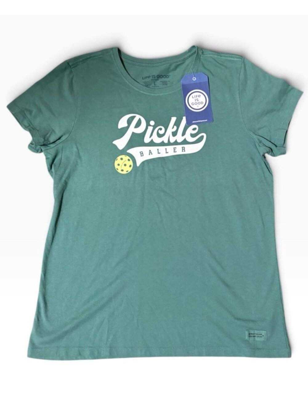 -New Life is Good Crusher Tee Womens L Green Athletic Pickle Baller Short Sleeve